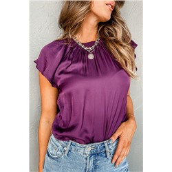 Violet Pleated Flutter Sleeve Satin Top