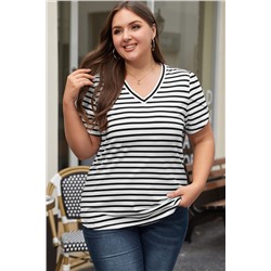 White Stripe V Neck Petal Sleeve Plus Size T-Shirt