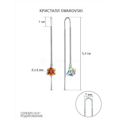 Серьги-продёвки из серебра с кристаллами Swarovski зелёный мистик родированные 925 пробы 0063с-001VM