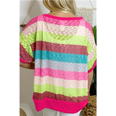 Rose Stripe Plus Size Textured Knit Short Sleeve Henley Top