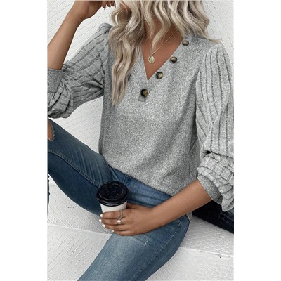 Light Grey Buttoned V Neck Ribbed Puff Sleeve Top