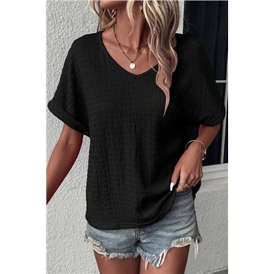 Black Textured Rolled Short Sleeve V Neck Tee