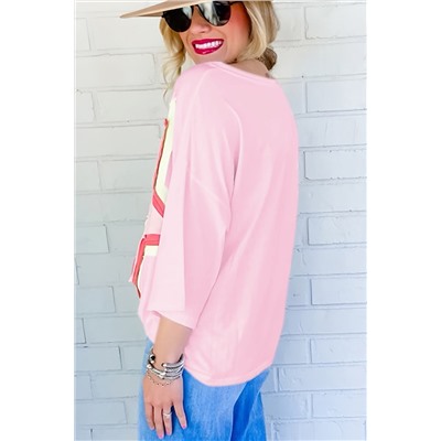 Light Pink Colorblock Star Patched Half Sleeve Oversized Tee