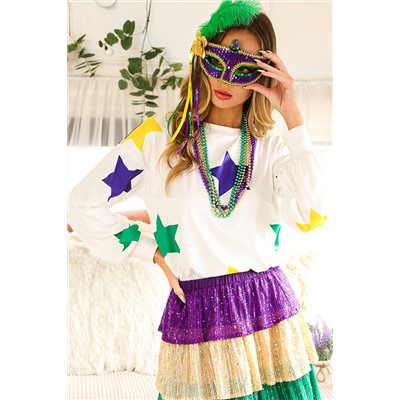 White Mardi Gras Star Printed Long Sleeve Top