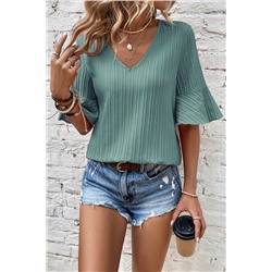 Grass Green Ruffled Half Sleeve V Neck Textured Top