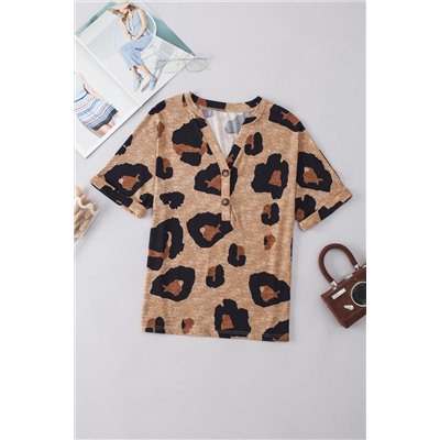 Light French Beige Leopard Folded Short Sleeve Buttoned V Neck T Shirt