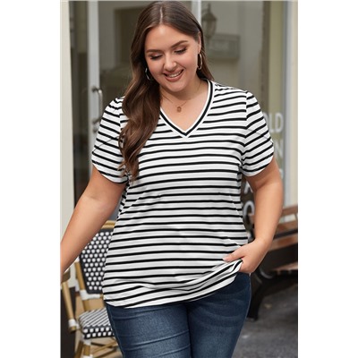 White Stripe V Neck Petal Sleeve Plus Size T-Shirt