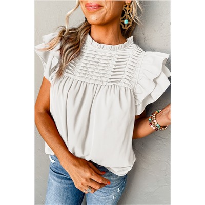 White Smocked Ruffle Sleeve Blouse