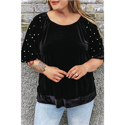 Black Pearl Embellished Puff Sleeve Velvet Plus Size Top