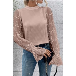 Apricot Pink Contrast Lace Sleeve Mock Neck Textured Blouse