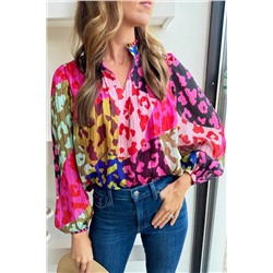 Rose Leopard Patchwork Print Pleated Blouse