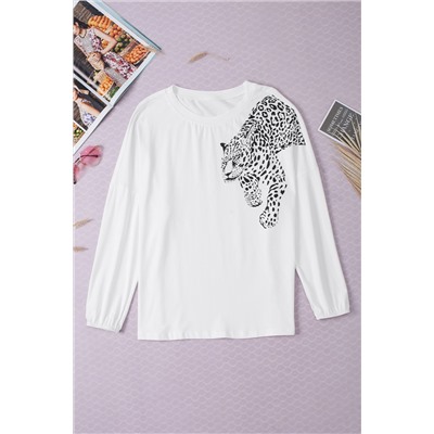 Beige Cheetah Pattern Drop Shoulder Long Sleeve Top