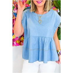 Beau Blue Trendy Stitching Detail Denim Peplum Top