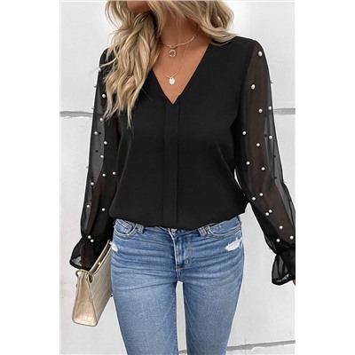 Black Pearl Mesh Flounce Sleeve V Neck Blouse