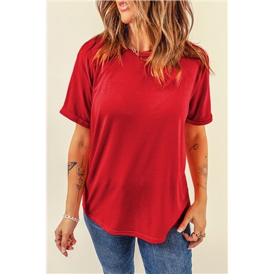 Red Casual Plain Crew Neck Tee