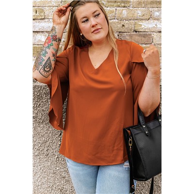 Gold Flame Plus Size Solid Wrapped Ruffled Sleeve V Neck Blouse