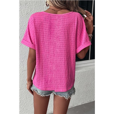 Bright Pink Plus Size Textured Folded Sleeve V Neck T Shirt