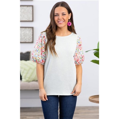 White Contrast Floral Puff Sleeve Ribbed Knit Plus Size Blouse