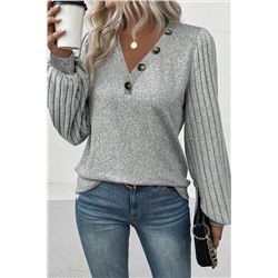 Light Grey Buttoned V Neck Ribbed Puff Sleeve Top