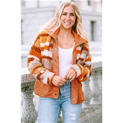 Brown Quilted Patch Pockets Aztec Furry Jacket