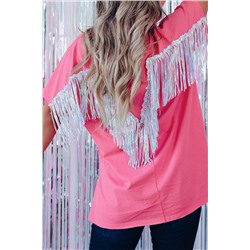 Rose Red Sequined Fringe Wing High-low Hem T-shirt