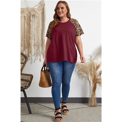 Burgundy Contrast Leopard Raglan Sleeve Plus Size T-shirt