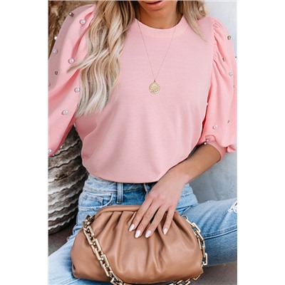 Light Pink Rhinestone Pearl Puff Half Sleeve Top