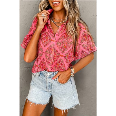 Rose Red Floral Print Wide Short Sleeve Loose Shirt