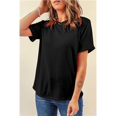 Black Casual Plain Crew Neck Tee