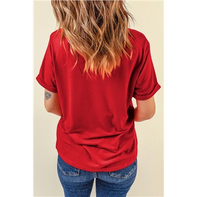 Red Casual Plain Crew Neck Tee