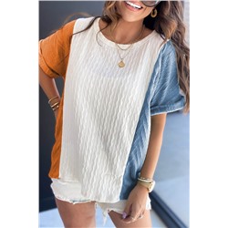 Light Blue Textured Color Block Loose Fit T Shirt