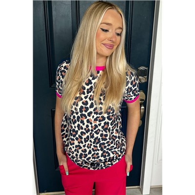 White Contrast Trim Leopard Print T Shirt