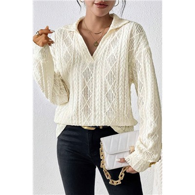 White Cable Rhombus Texture Collared Split Neck Top