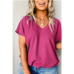 Bright Pink Textured V Neck Bubble Hem Plus Top