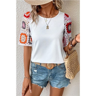 White Floral Crochet Short Sleeve Top