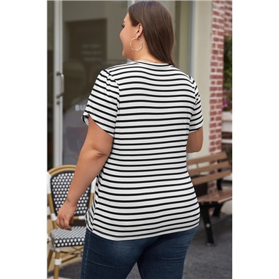 White Stripe V Neck Petal Sleeve Plus Size T-Shirt