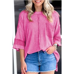 Bright Pink Oversized Mineral Wash Textured Bracelet Sleeve Top