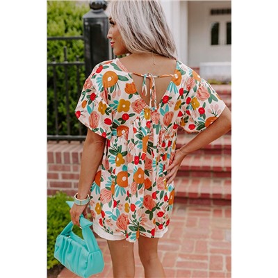 Apricot Floral Print Short Sleeve V Neck Tied Back Blouse