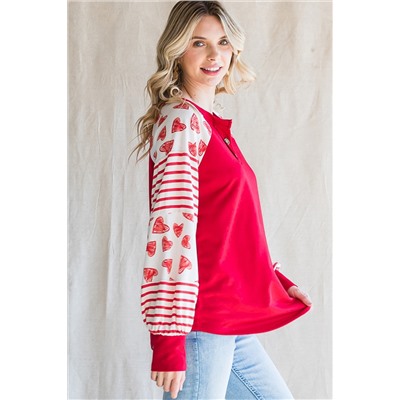 Fiery Red Heart Striped Raglan Sleeve Henley Top