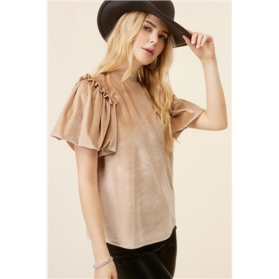 Light French Beige Frilly Puff Sleeve Mock Neck Blouse