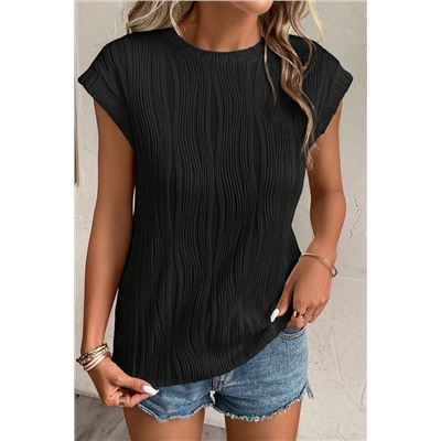 Black Wavy Texture Cap Sleeve Top