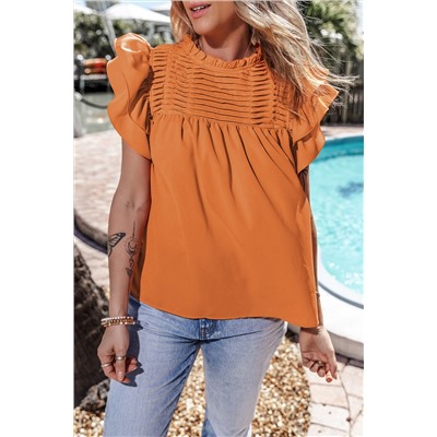 Grapefruit Orange Smocked Ruffle Sleeve Blouse