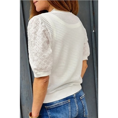 White Broderie Anglaise Puff Sleeve Waffle Knit Tee