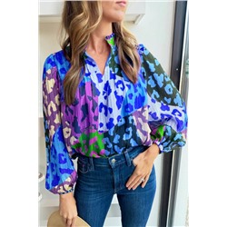 Sky Blue Leopard Patchwork Print Pleated Blouse