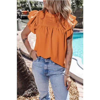 Grapefruit Orange Smocked Ruffle Sleeve Blouse