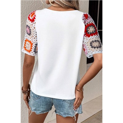 White Floral Crochet Short Sleeve Top