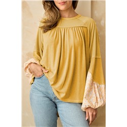 Beige Floral Colorblock Balloon Sleeve Exposed Seam Top