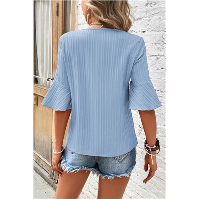 Beau Blue Ruffled Half Sleeve V Neck Textured Top