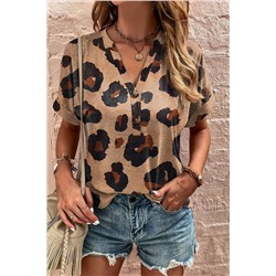 Light French Beige Leopard Folded Short Sleeve Buttoned V Neck T Shirt