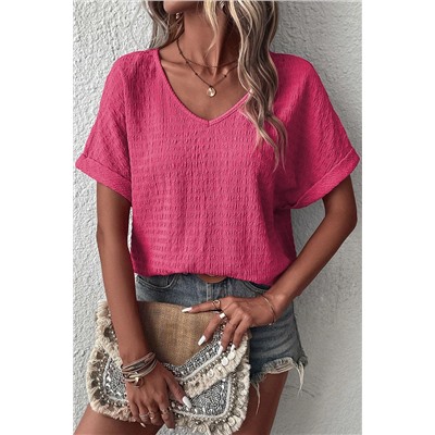 Bright Pink Textured Rolled Sleeve V Neck Tee